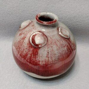 Vintage Artisan Red & White Ceramic Vase, Signed Heiser ? Art Pottery Bud Vase